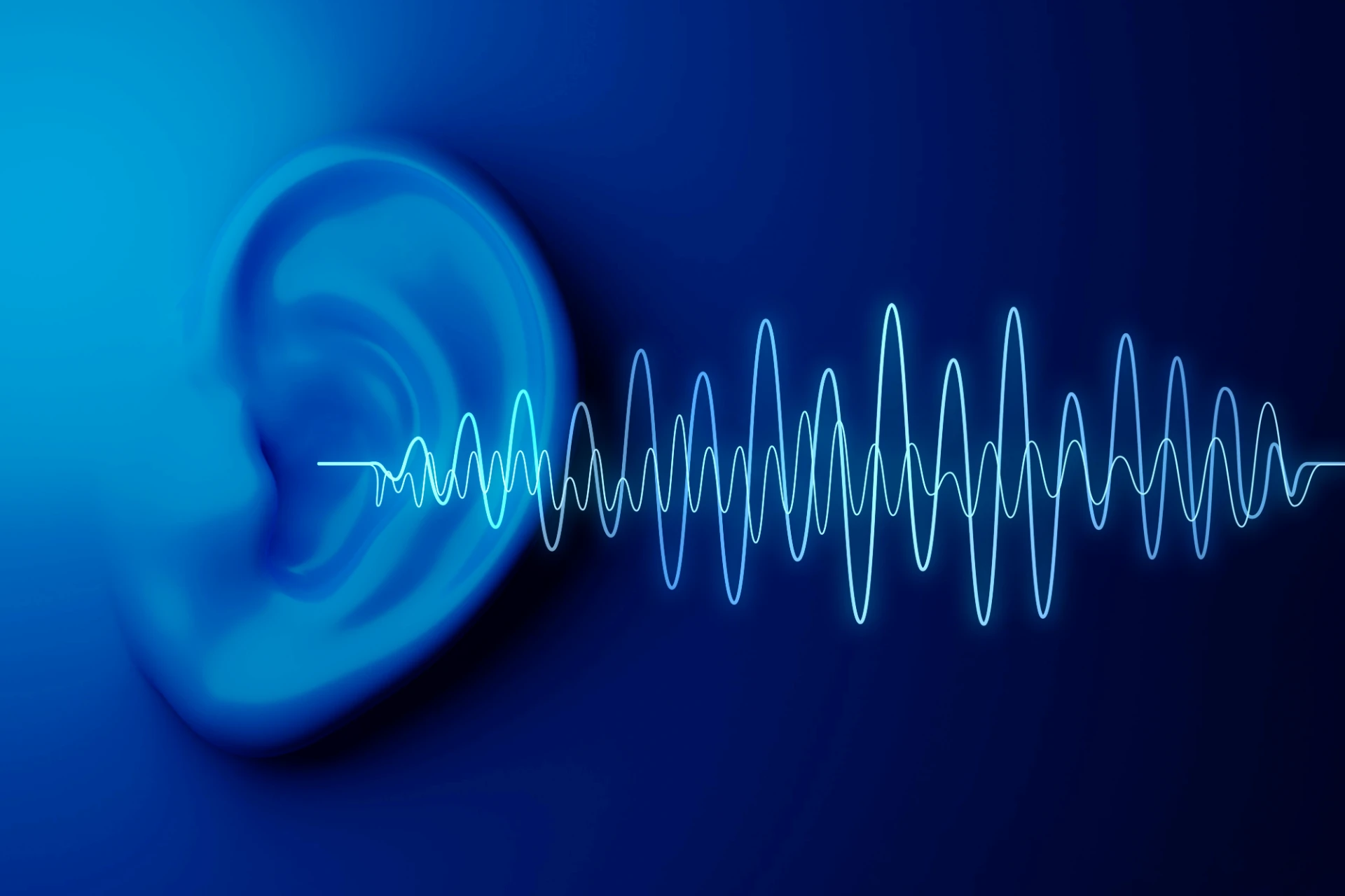 Imagem de um ouvido humano com ondas sonoras representadas em azul, simbolizando a audição e a captação de sons.